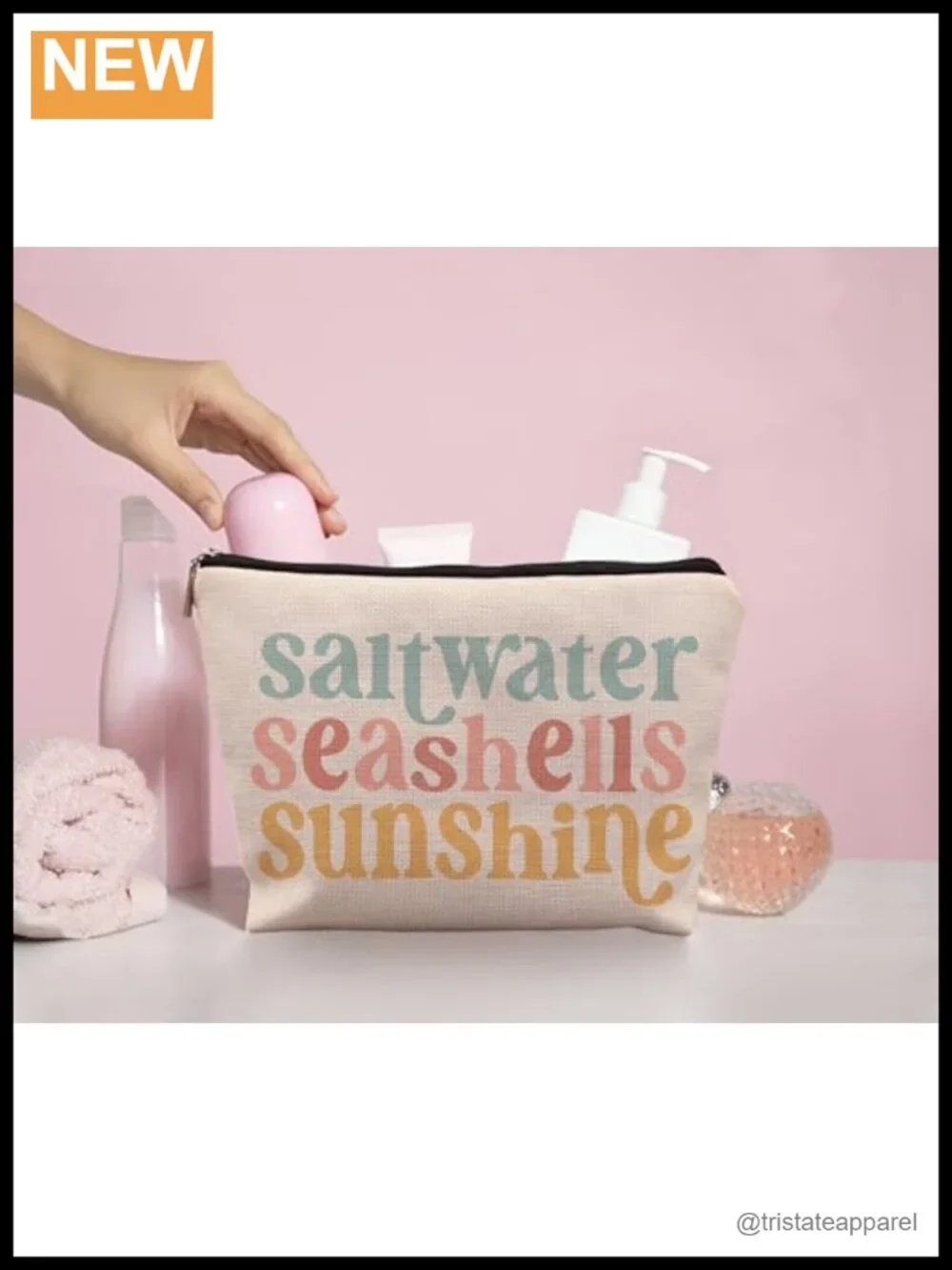 Linen Cosmetic Bag with Seashells Print, Travel Makeup Pouch